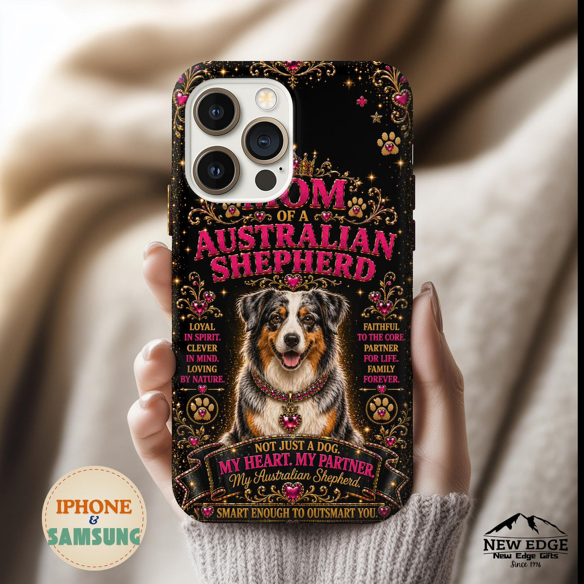 Australian Shepherd Dog Mom Glitter Phone Case My Heart My Partner Vintage Aussie Lover Gift for iPhone & Samsung