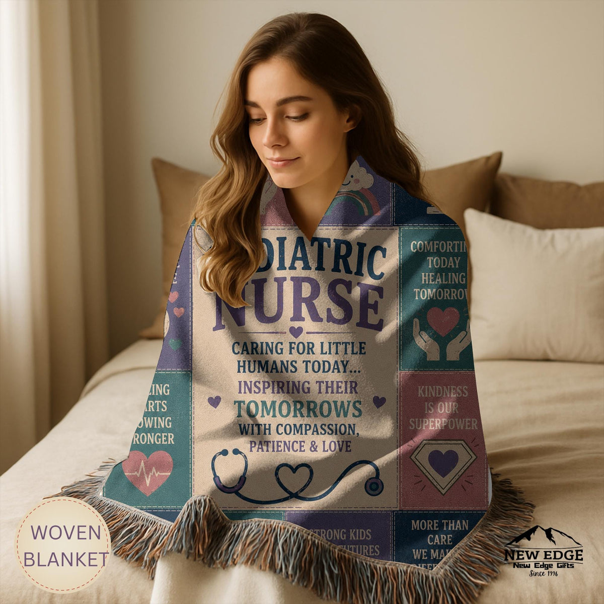 Pediatric Nurse Woven Blanket Little Patients Big Hearts Faux Patchwork Childrens Nurse Appreciation Gift Clinic Wall Decor Throw