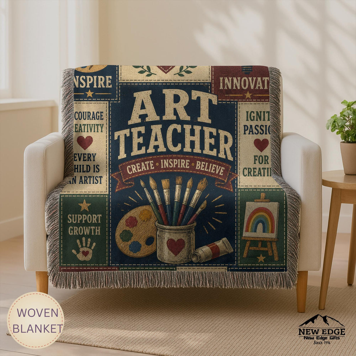 Art Teacher Typography Woven Blanket | Palette, Brushes, Inspirational Quotes