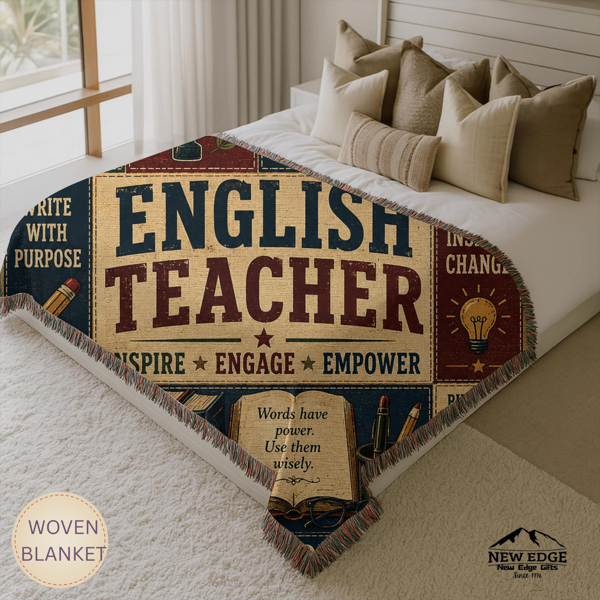 English Teacher Woven Blanket Words Shape Minds Faux Patchwork Teacher Appreciation Gift Classroom Wall Decor Throw