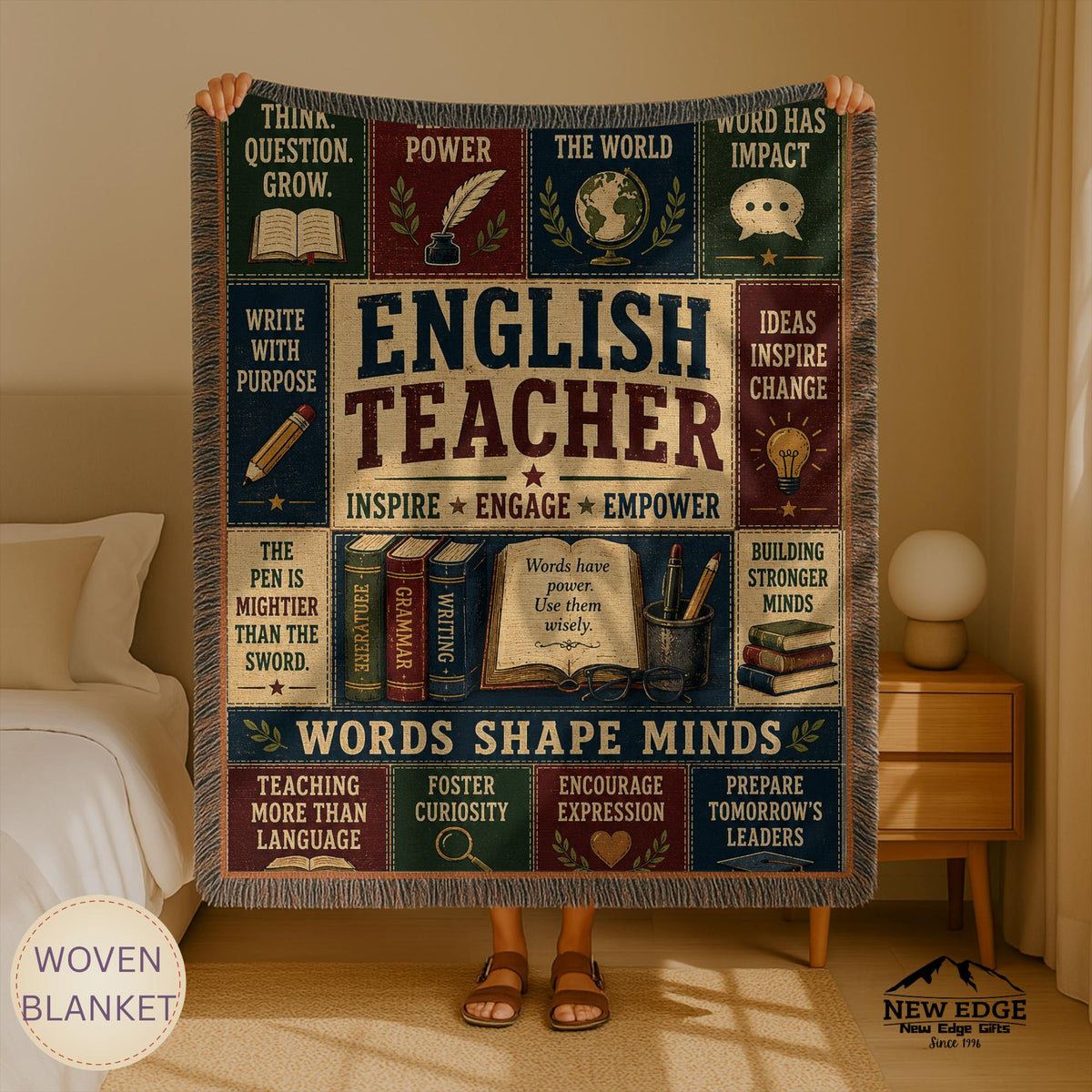 English Teacher Woven Blanket Words Shape Minds Faux Patchwork Teacher Appreciation Gift Classroom Wall Decor Throw