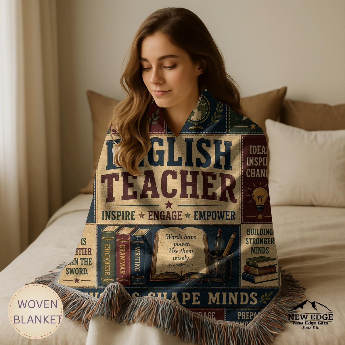 English Teacher Woven Blanket Words Shape Minds Faux Patchwork Teacher Appreciation Gift Classroom Wall Decor Throw