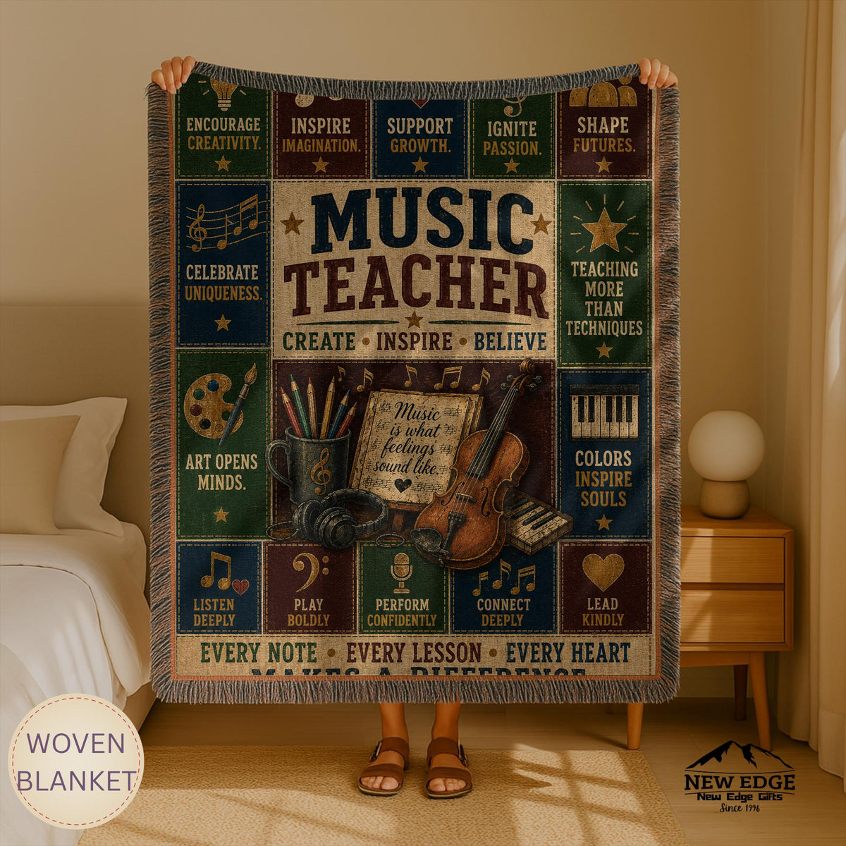 Music Teacher Woven Blanket Every Note Every Lesson Every Heart Faux Patchwork Teacher Appreciation Gift Wall Decor Throw