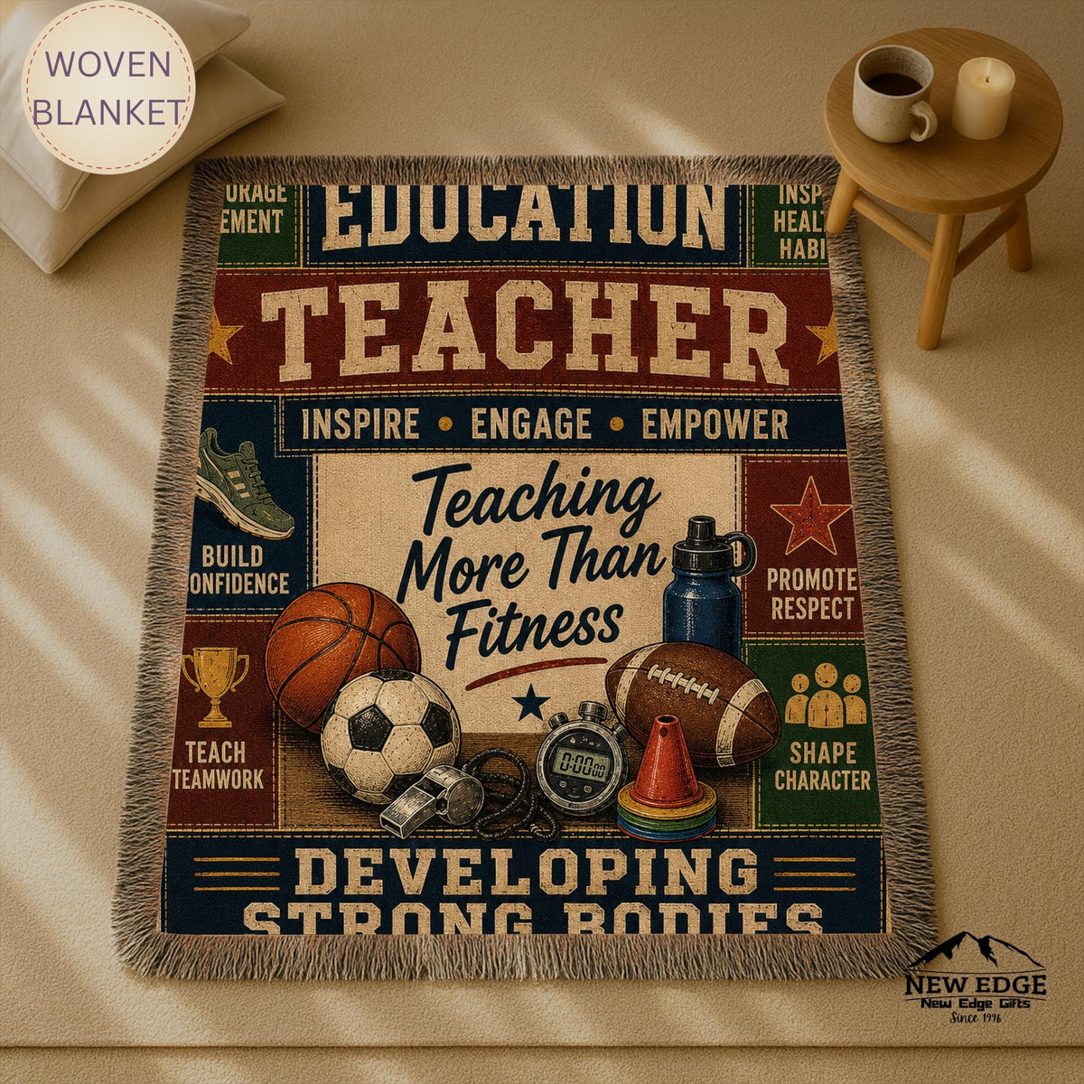 Physical Education Teacher Woven Blanket Developing Strong Bodies Creating Stronger Futures Faux Patchwork PE Teacher Gift