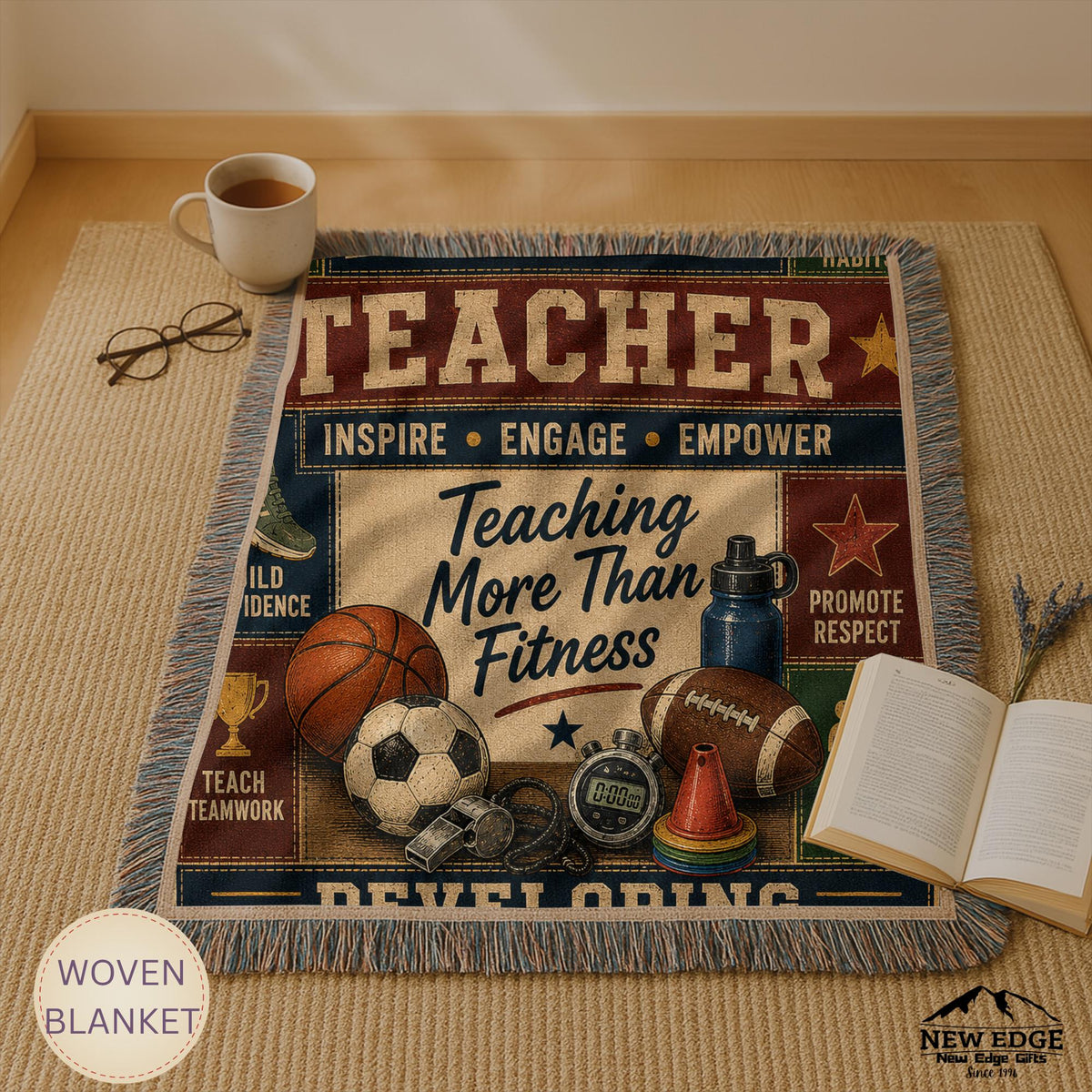 Physical Education Teacher Woven Blanket Developing Strong Bodies Creating Stronger Futures Faux Patchwork PE Teacher Gift