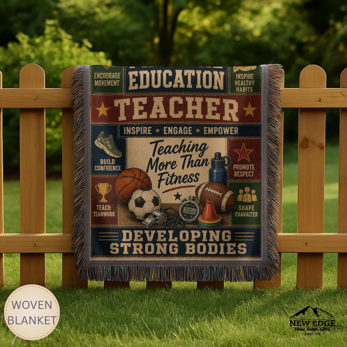 Physical Education Teacher Woven Blanket Developing Strong Bodies Creating Stronger Futures Faux Patchwork PE Teacher Gift