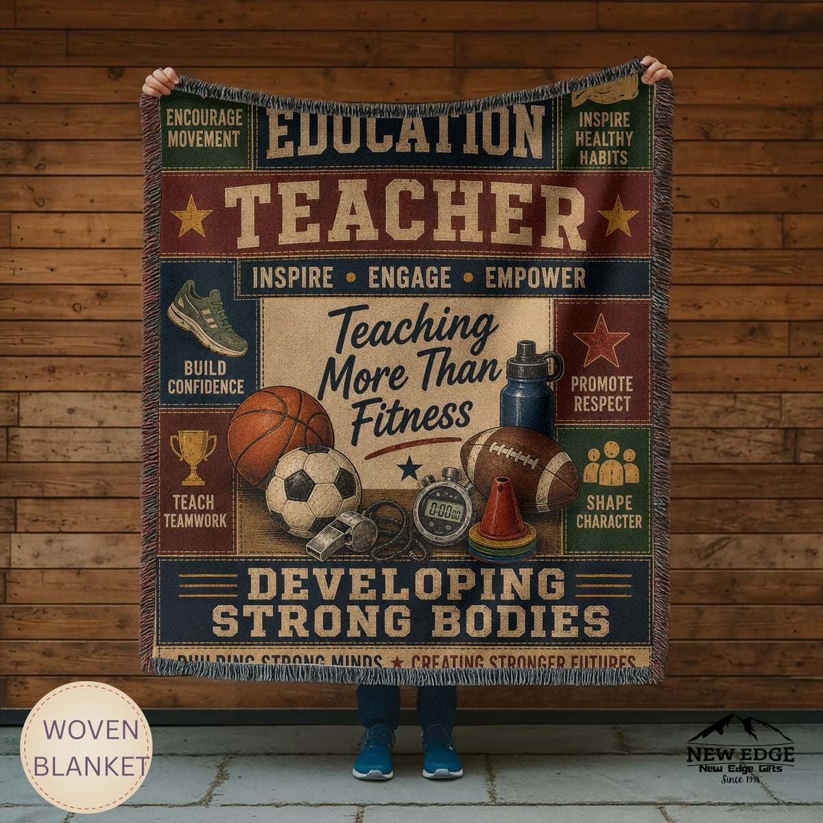 Physical Education Teacher Woven Blanket Developing Strong Bodies Creating Stronger Futures Faux Patchwork PE Teacher Gift