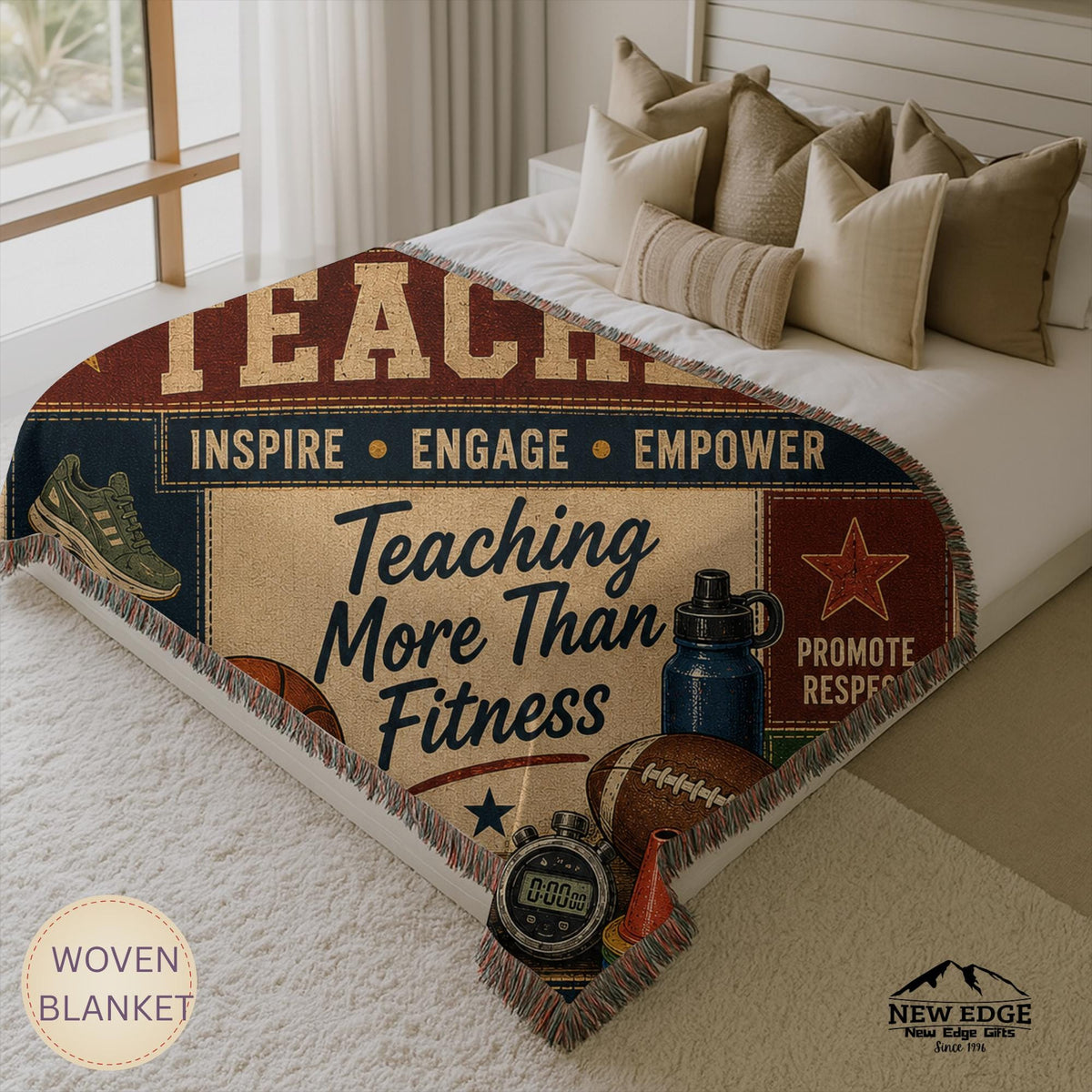 Physical Education Teacher Woven Blanket Developing Strong Bodies Creating Stronger Futures Faux Patchwork PE Teacher Gift
