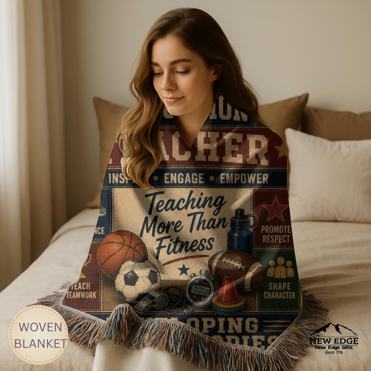 Physical Education Teacher Woven Blanket Developing Strong Bodies Creating Stronger Futures Faux Patchwork PE Teacher Gift