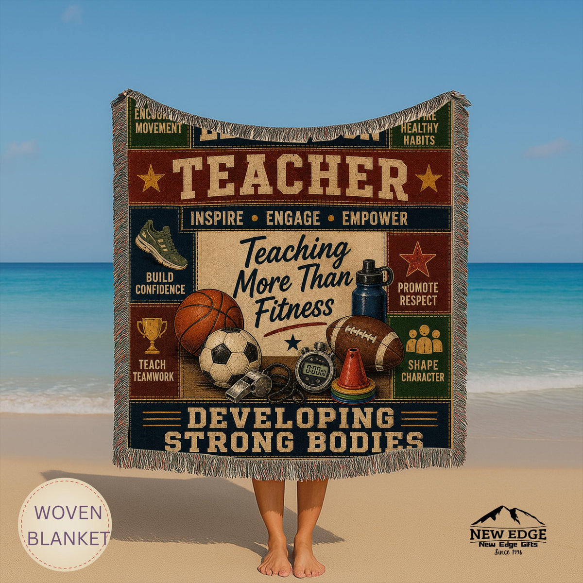 Physical Education Teacher Woven Blanket Developing Strong Bodies Creating Stronger Futures Faux Patchwork PE Teacher Gift
