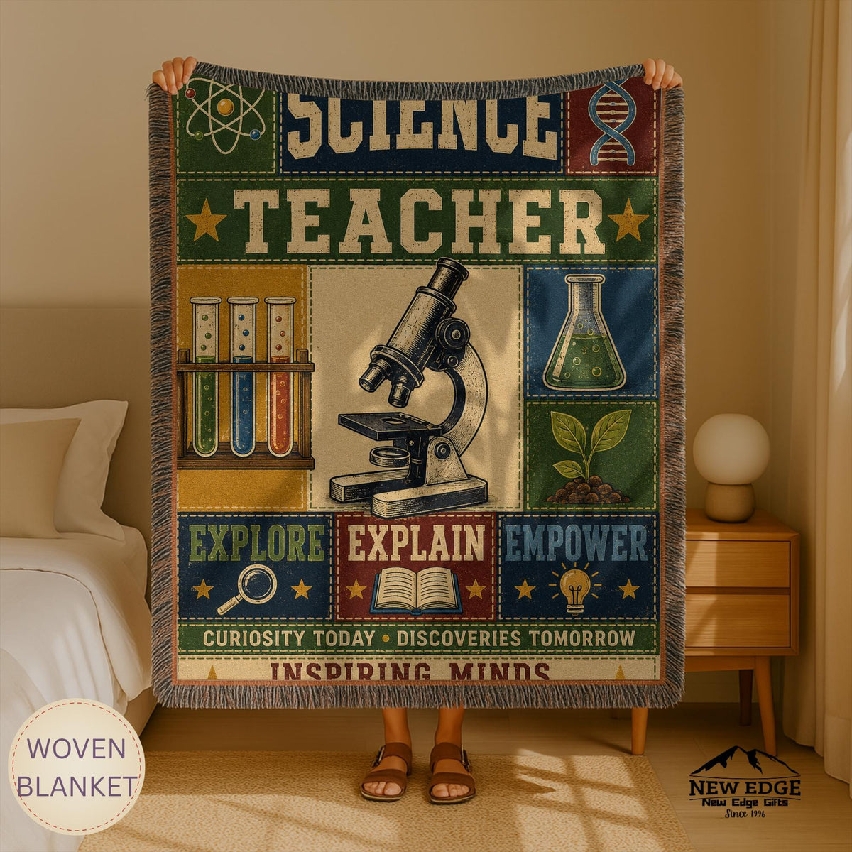 Science Teacher Woven Blanket Inspiring Minds Exploring Possibilities Faux Patchwork Teacher Appreciation Gift Throw
