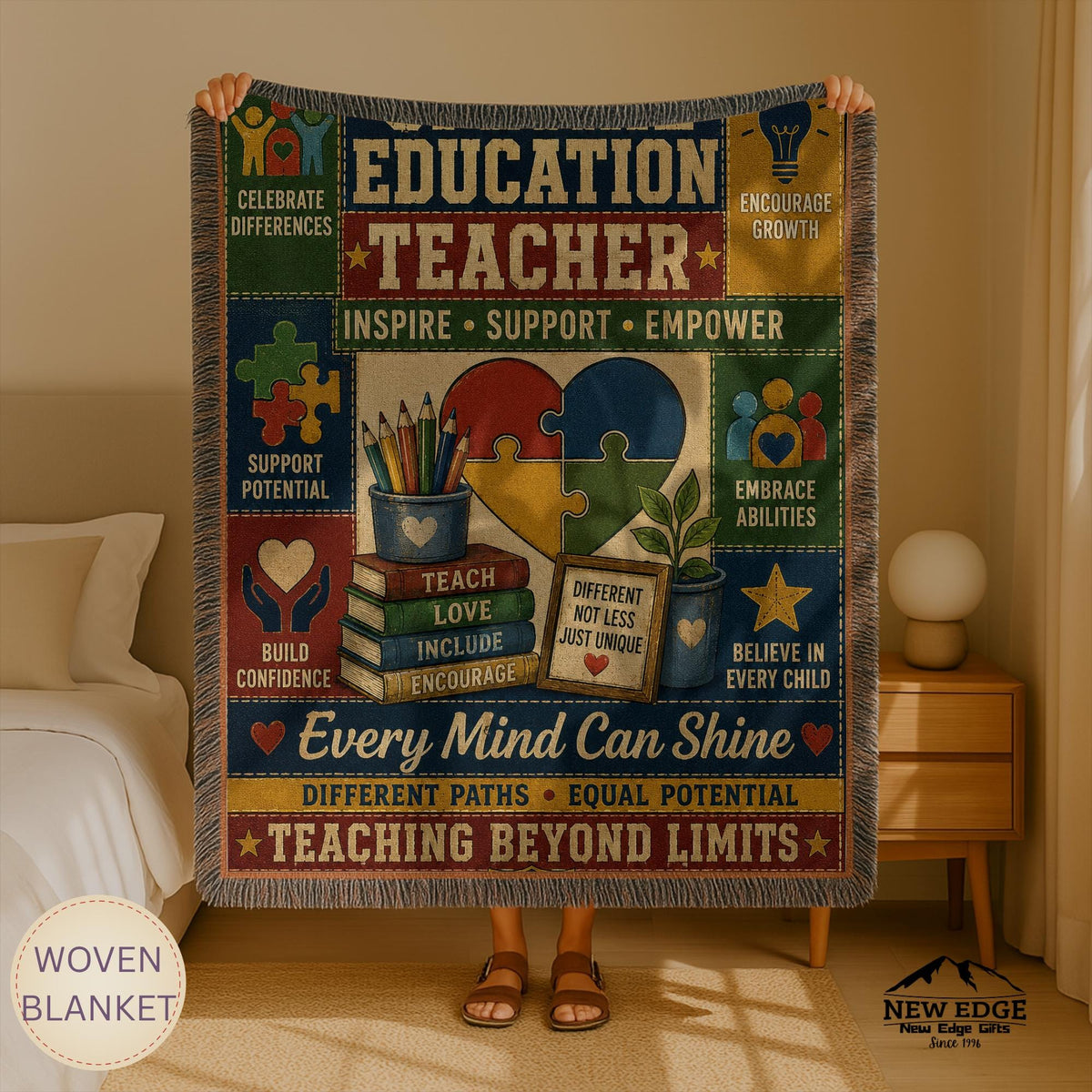 Special Education Teacher Woven Blanket Every Mind Can Shine Faux Patchwork Teacher Appreciation Gift Throw