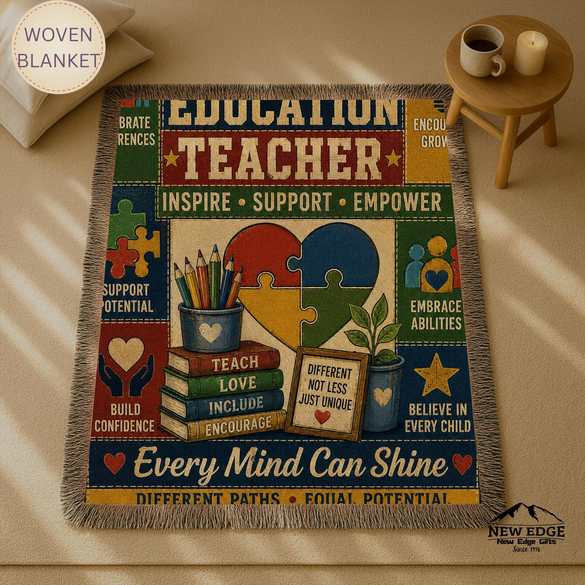 Special Education Teacher Woven Blanket Every Mind Can Shine Faux Patchwork Teacher Appreciation Gift Throw