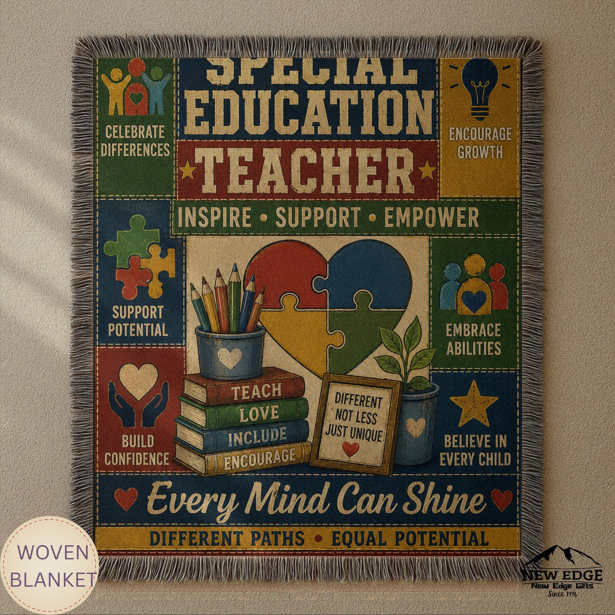 Special Education Teacher Woven Blanket Every Mind Can Shine Faux Patchwork Teacher Appreciation Gift Throw