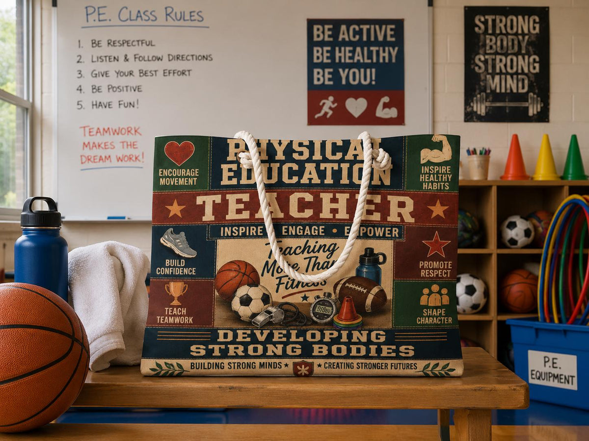 Physical Education Teacher Weekender Bag Developing Strong Bodies Faux Patchwork PE Teacher Travel Tote Gift