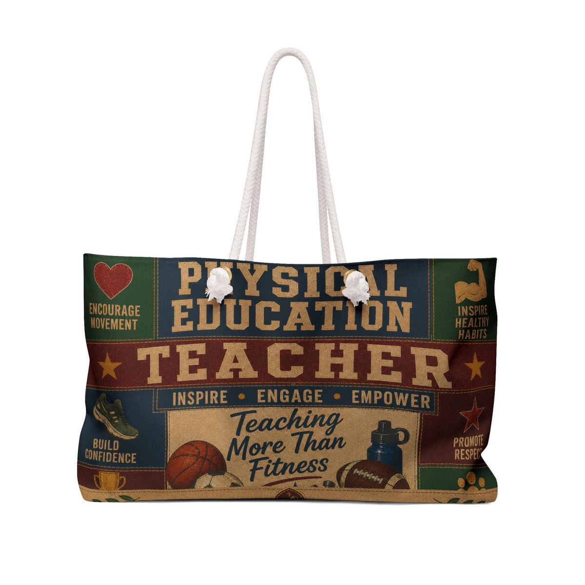 Physical Education Teacher Weekender Bag Developing Strong Bodies Faux Patchwork PE Teacher Travel Tote Gift