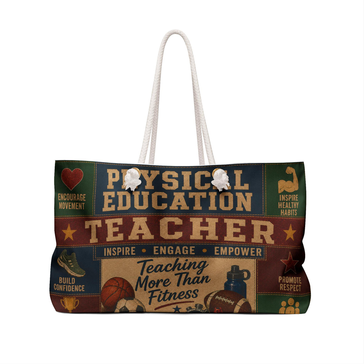Physical Education Teacher Weekender Bag Developing Strong Bodies Faux Patchwork PE Teacher Travel Tote Gift