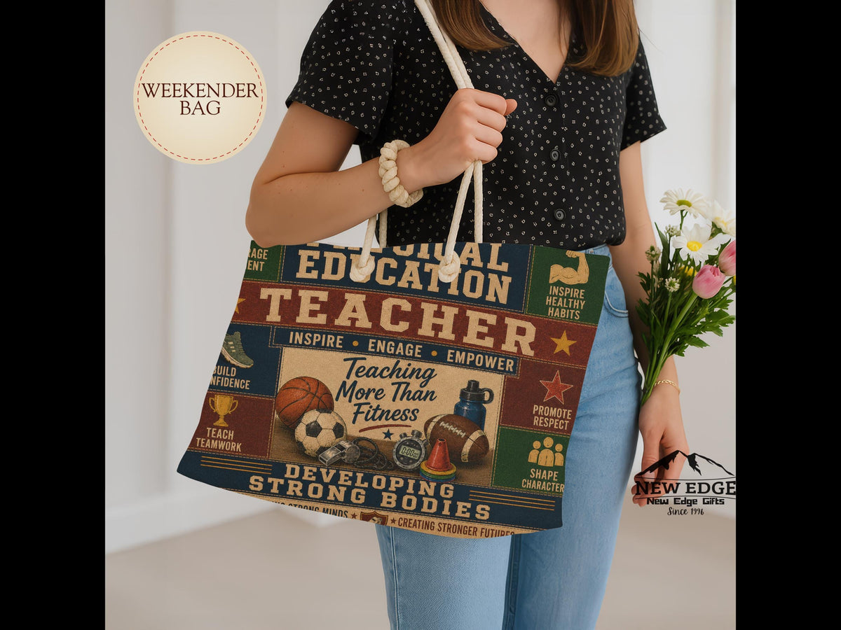 Physical Education Teacher Weekender Bag Developing Strong Bodies Faux Patchwork PE Teacher Travel Tote Gift