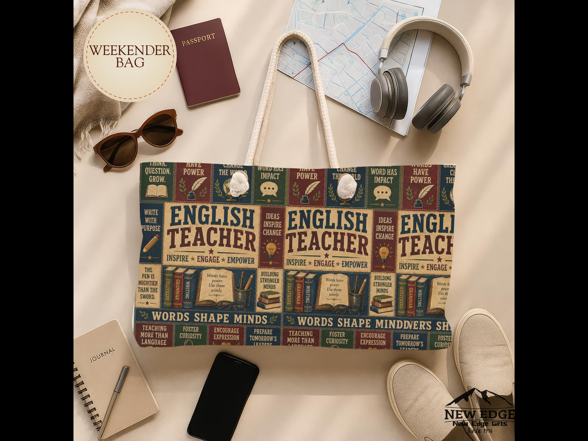 English Teacher Weekender Bag Words Shape Minds Faux Patchwork Teacher Appreciation Travel Tote Gift