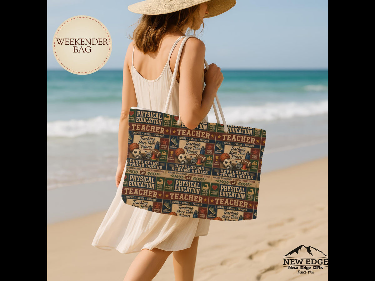 Physical Education Teacher Weekender Bag Developing Strong Bodies Faux Patchwork PE Teacher Travel Tote Gift