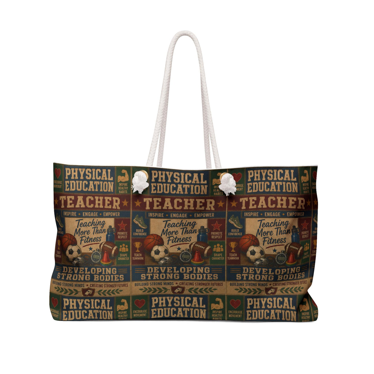 Physical Education Teacher Weekender Bag Developing Strong Bodies Faux Patchwork PE Teacher Travel Tote Gift