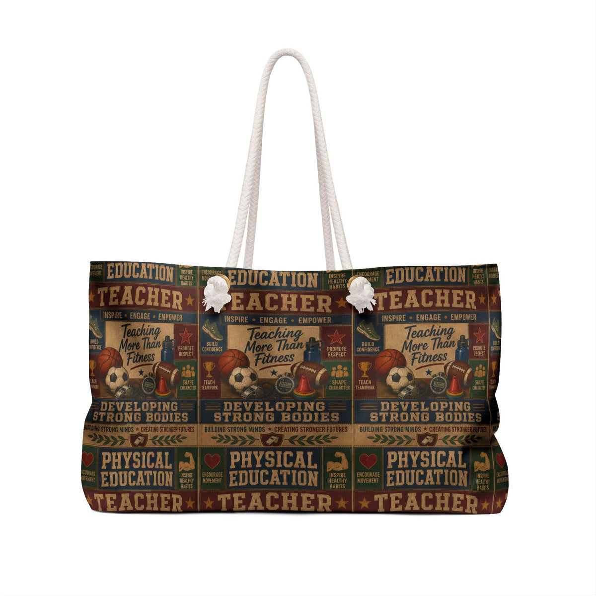 Physical Education Teacher Weekender Bag Developing Strong Bodies Faux Patchwork PE Teacher Travel Tote Gift