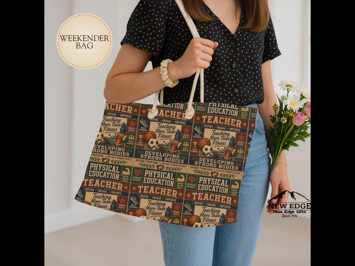 Physical Education Teacher Weekender Bag Developing Strong Bodies Faux Patchwork PE Teacher Travel Tote Gift