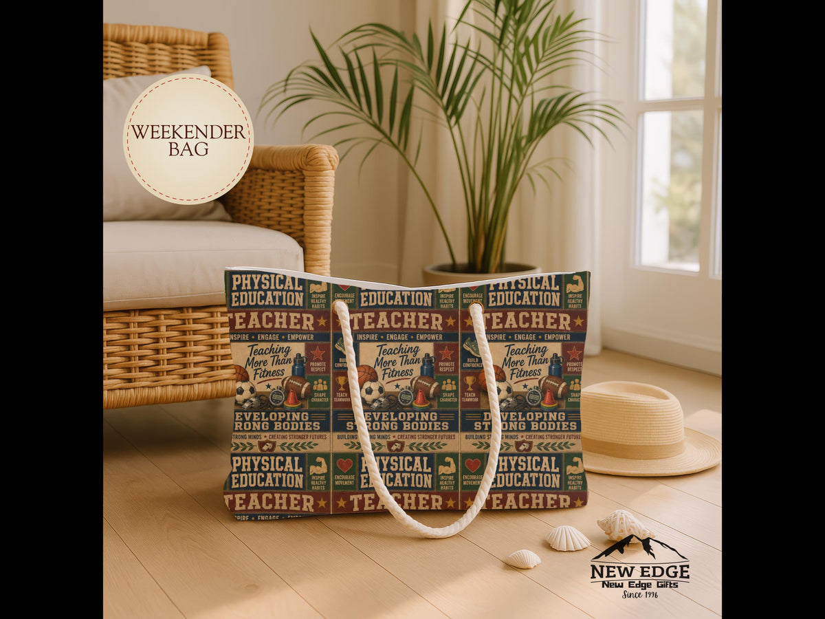 Physical Education Teacher Weekender Bag Developing Strong Bodies Faux Patchwork PE Teacher Travel Tote Gift