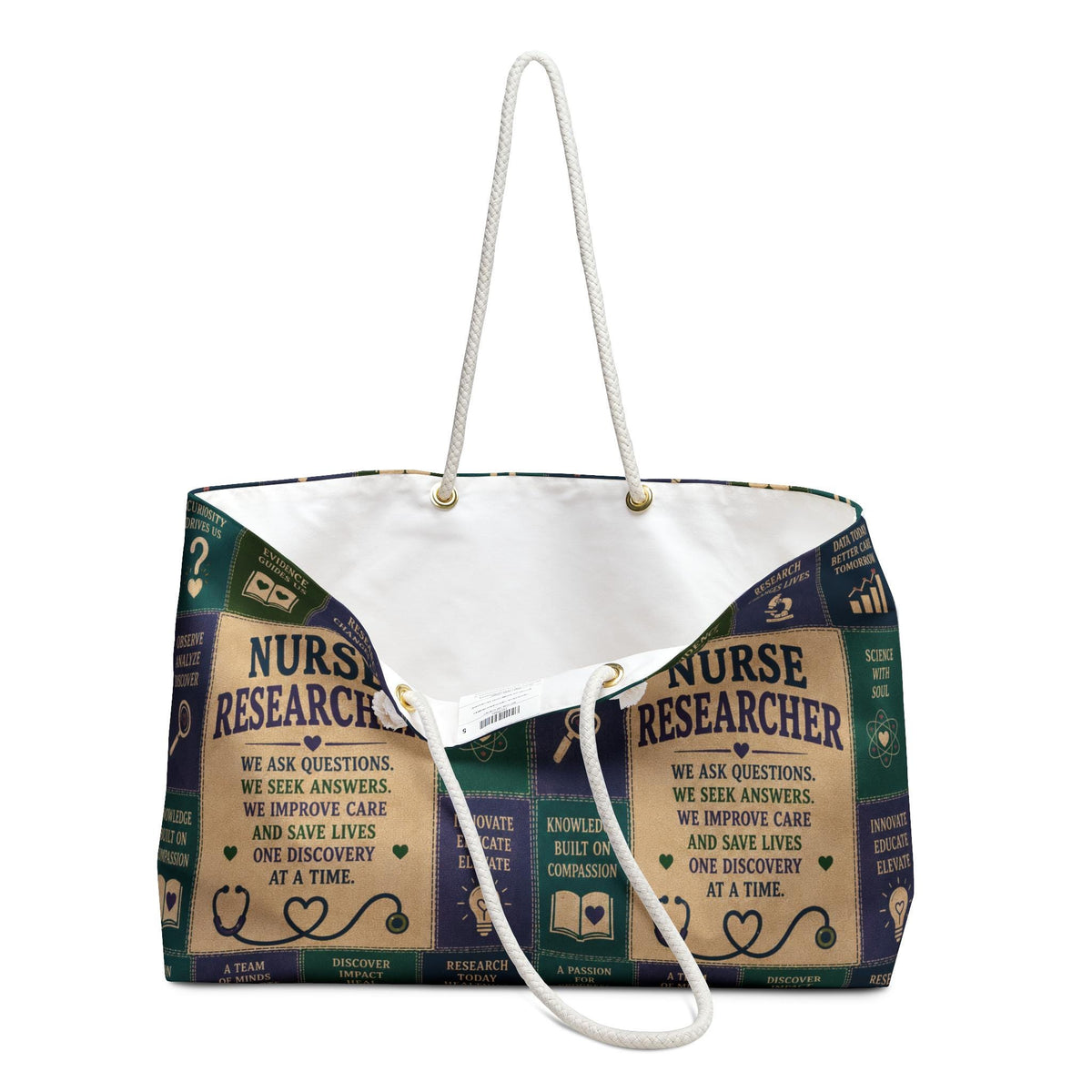 Nurse Researcher Weekender Bag We Ask Questions We Seek Answers Faux Patchwork Travel Tote Nurse Appreciation Gift