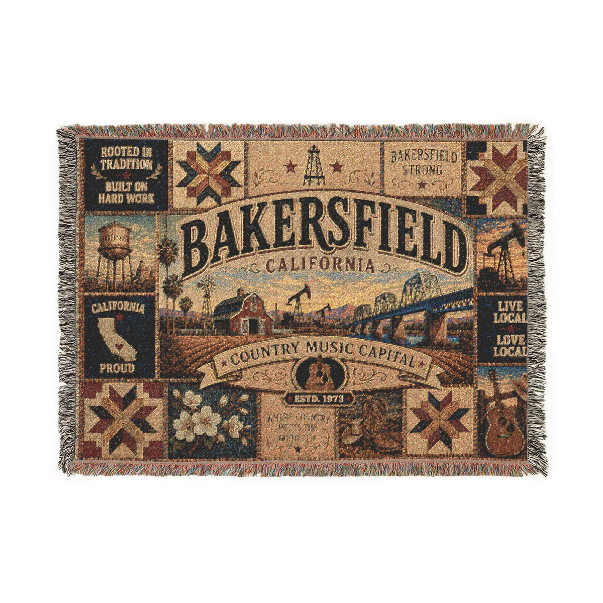 Bakersfield California Faux Patchwork Woven Blanket Country Music Capital Vintage Quilt Barn Oil Fields Rustic Americana Throw EST 1973