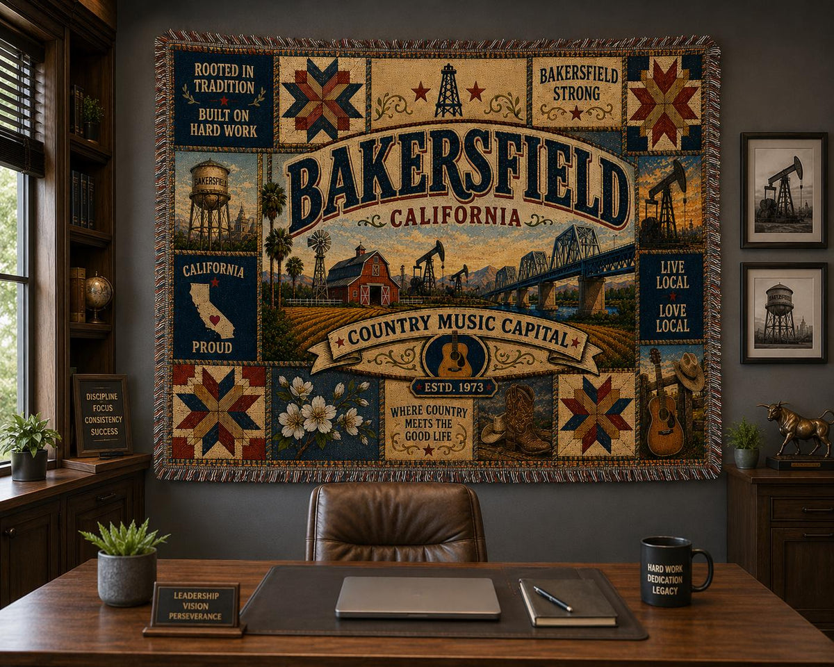 Bakersfield California Faux Patchwork Woven Blanket Country Music Capital Vintage Quilt Barn Oil Fields Rustic Americana Throw EST 1973