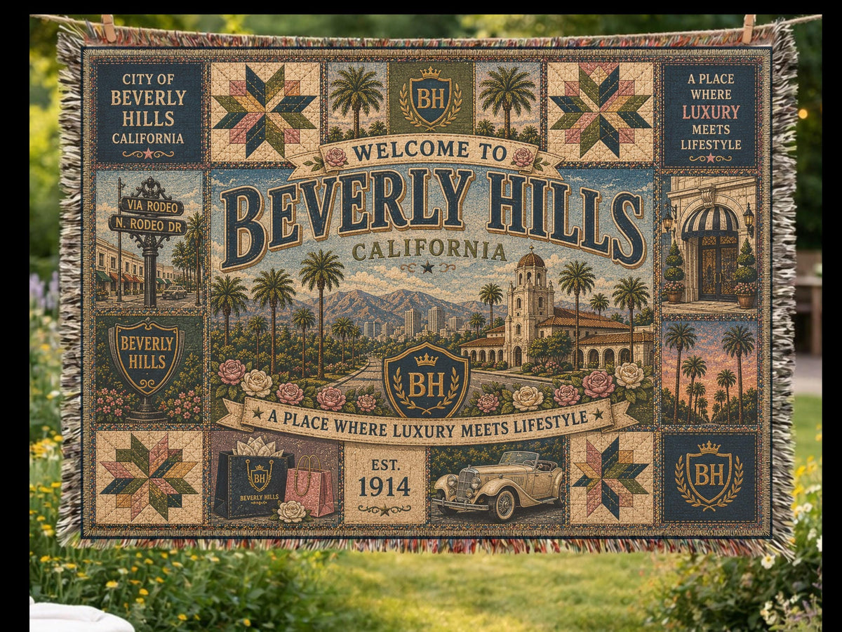 Beverly Hills California Faux Patchwork Woven Blanket Luxury City Vintage Quilt Palm Trees Elegant Americana Wall Throw