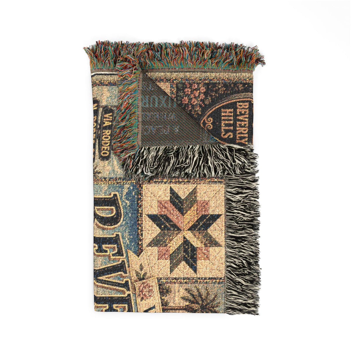 Beverly Hills California Faux Patchwork Woven Blanket Luxury City Vintage Quilt Palm Trees Elegant Americana Wall Throw