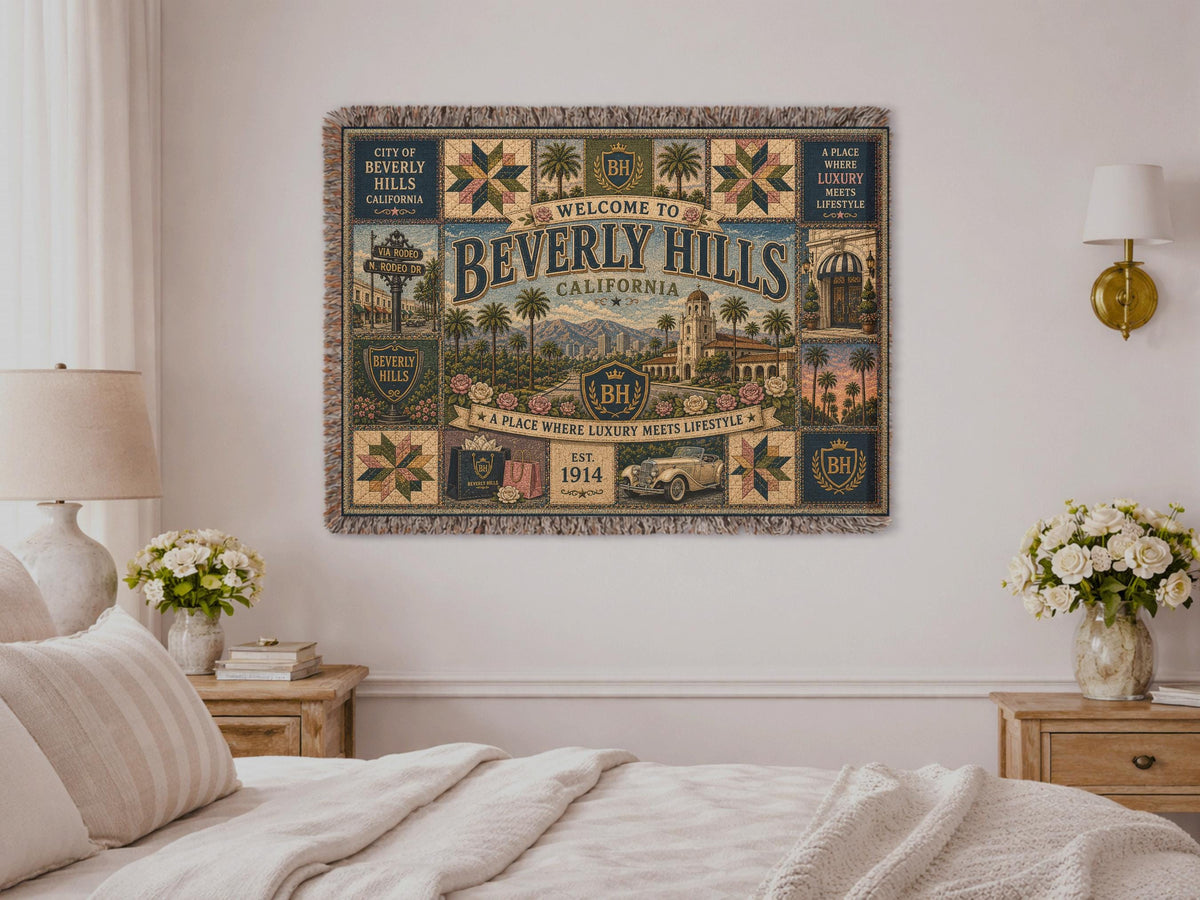 Beverly Hills California Faux Patchwork Woven Blanket Luxury City Vintage Quilt Palm Trees Elegant Americana Wall Throw