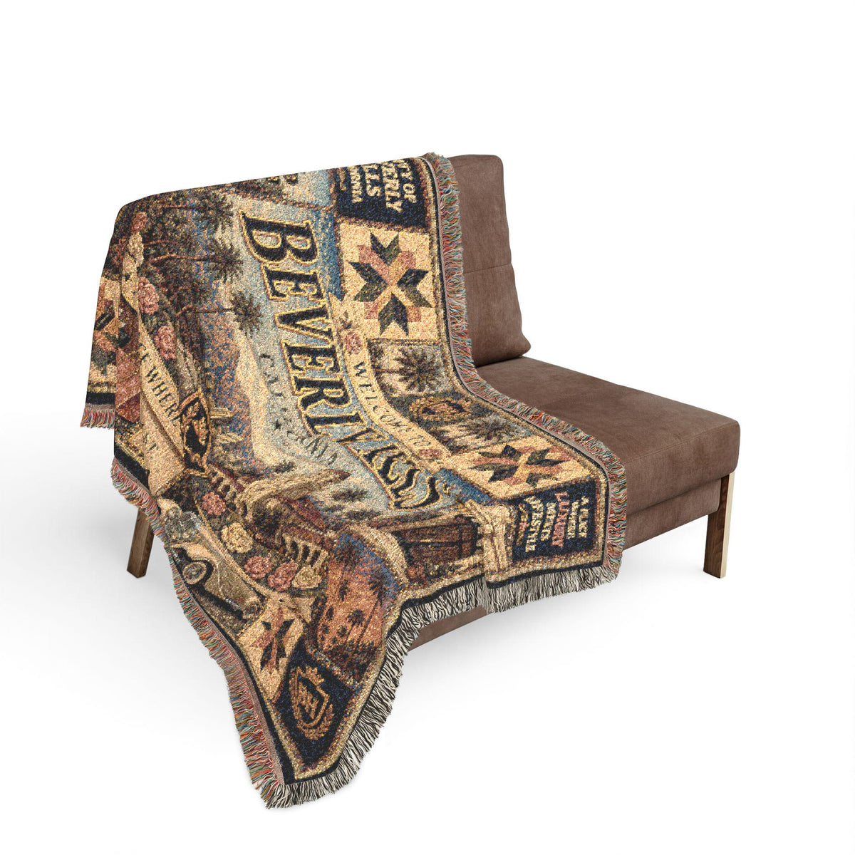 Beverly Hills California Faux Patchwork Woven Blanket Luxury City Vintage Quilt Palm Trees Elegant Americana Wall Throw