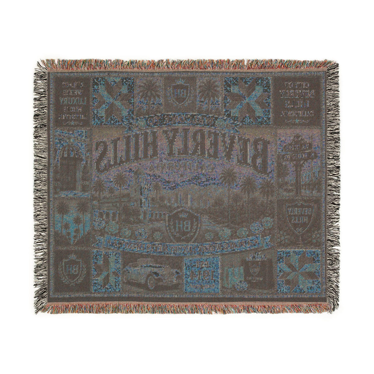 Beverly Hills California Faux Patchwork Woven Blanket Luxury City Vintage Quilt Palm Trees Elegant Americana Wall Throw