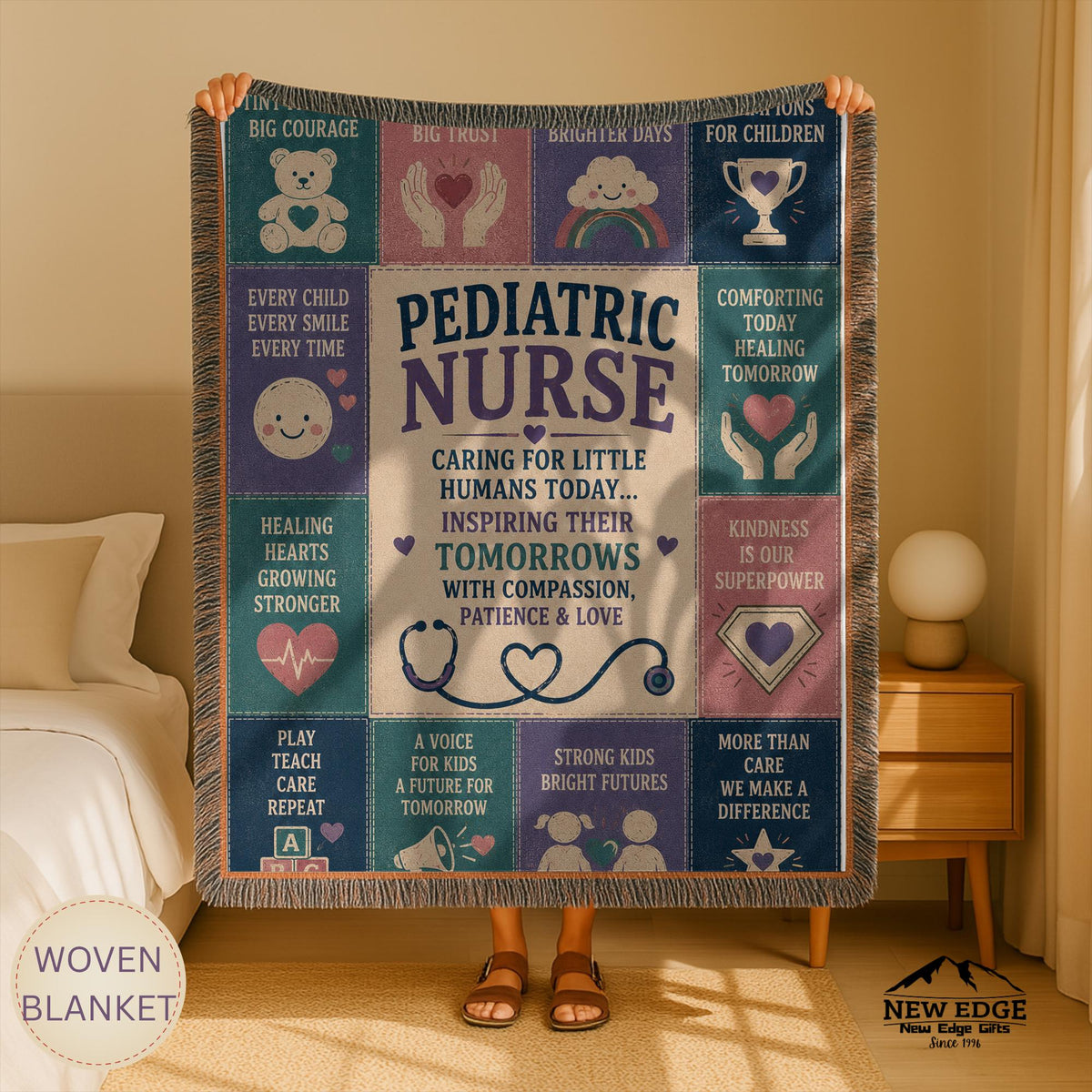 Pediatric Nurse Woven Blanket Little Patients Big Hearts Faux Patchwork Childrens Nurse Appreciation Gift Clinic Wall Decor Throw