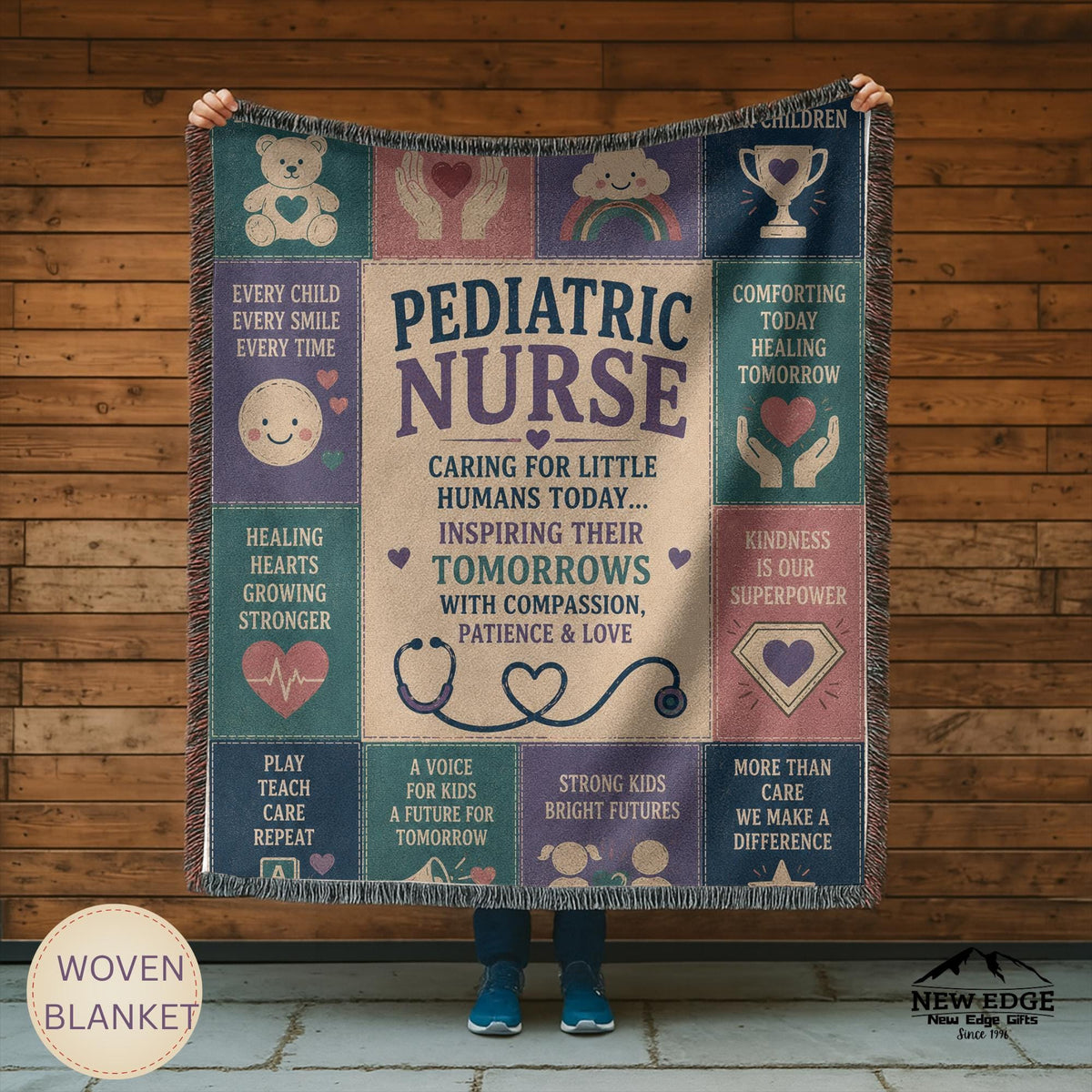 Pediatric Nurse Woven Blanket Little Patients Big Hearts Faux Patchwork Childrens Nurse Appreciation Gift Clinic Wall Decor Throw