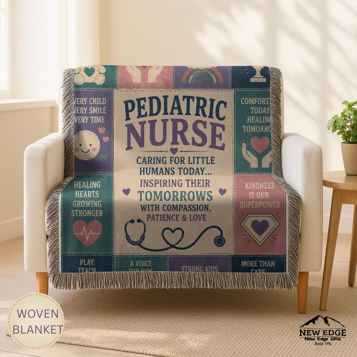 Pediatric Nurse Woven Blanket Little Patients Big Hearts Faux Patchwork Childrens Nurse Appreciation Gift Clinic Wall Decor Throw