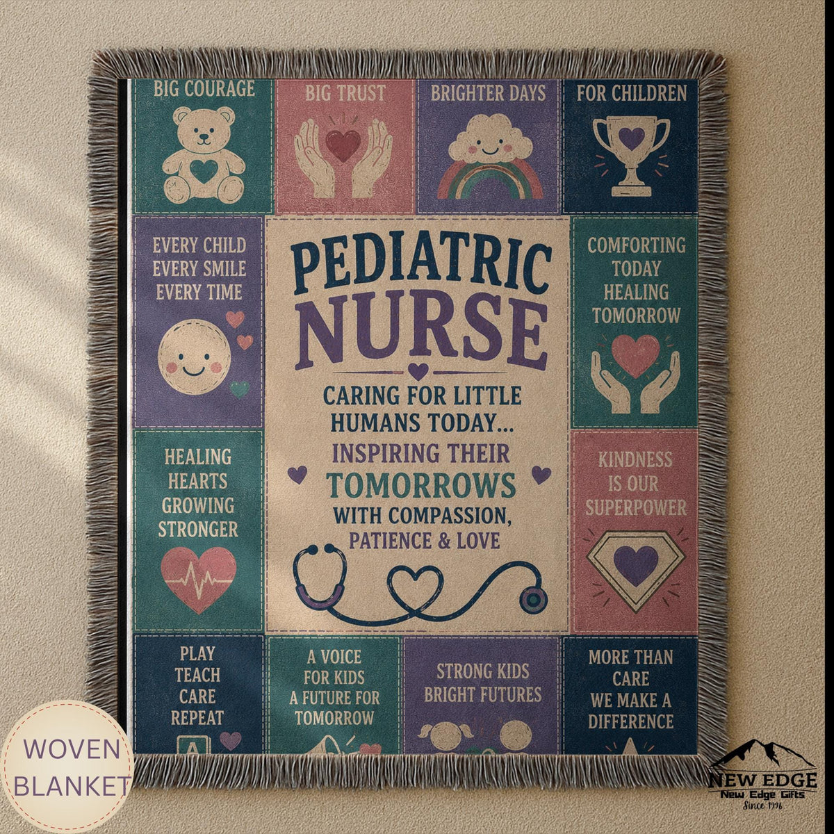 Pediatric Nurse Woven Blanket Little Patients Big Hearts Faux Patchwork Childrens Nurse Appreciation Gift Clinic Wall Decor Throw