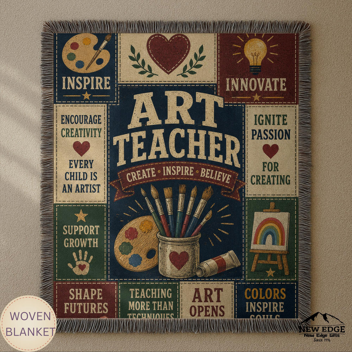 Art Teacher Typography Woven Blanket | Palette, Brushes, Inspirational Quotes