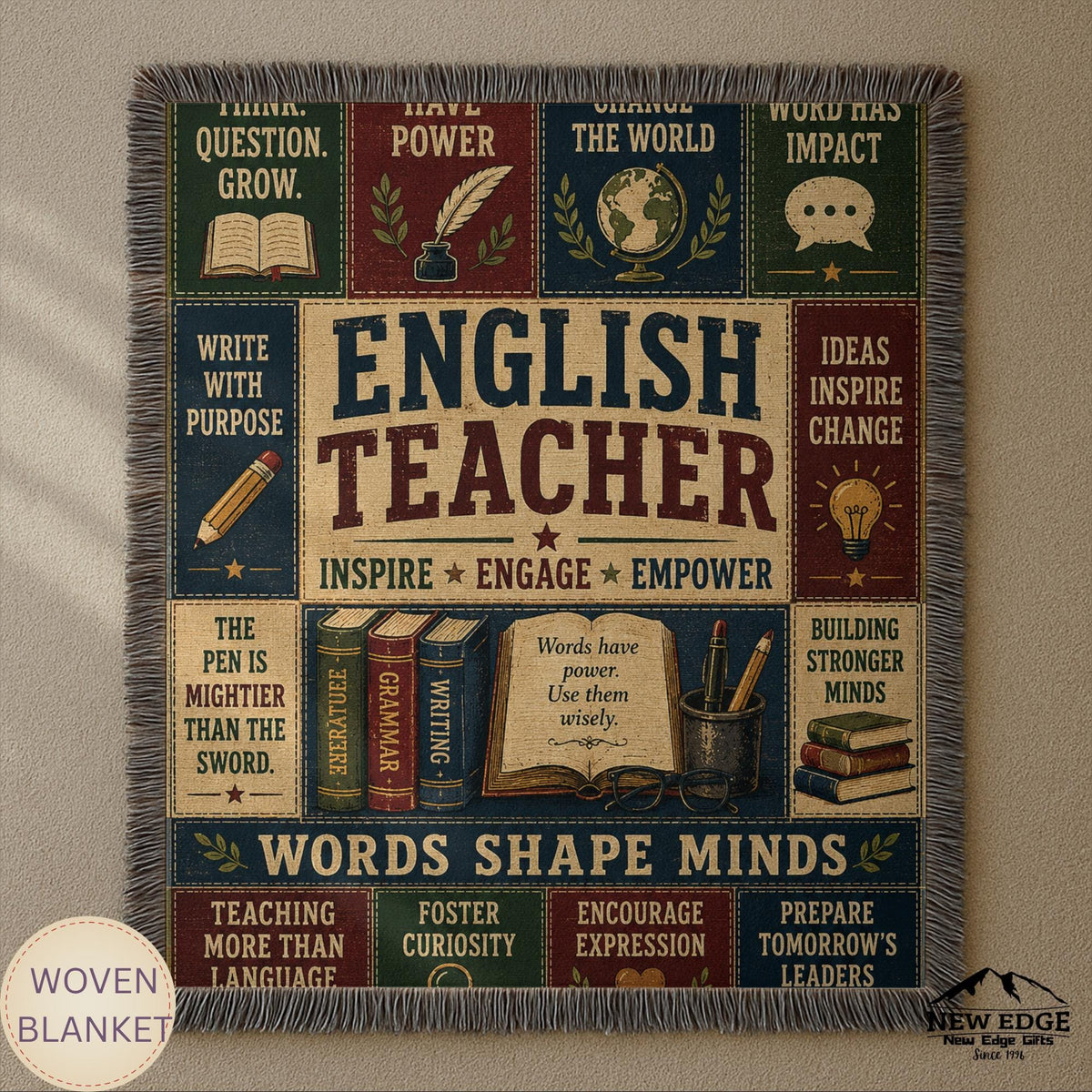 English Teacher Woven Blanket Words Shape Minds Faux Patchwork Teacher Appreciation Gift Classroom Wall Decor Throw