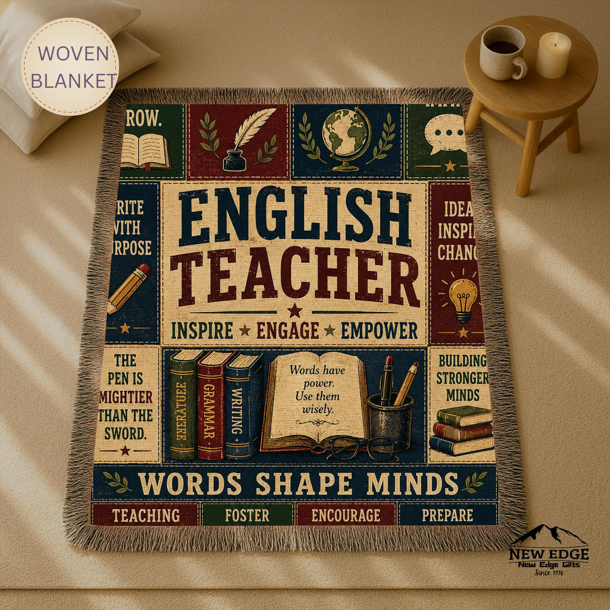 English Teacher Woven Blanket Words Shape Minds Faux Patchwork Teacher Appreciation Gift Classroom Wall Decor Throw
