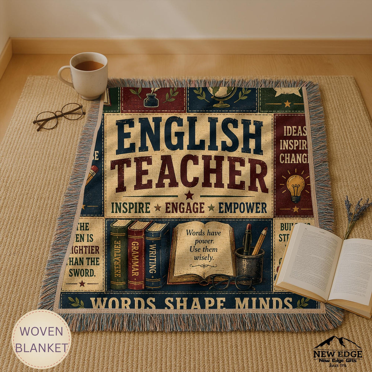 English Teacher Woven Blanket Words Shape Minds Faux Patchwork Teacher Appreciation Gift Classroom Wall Decor Throw