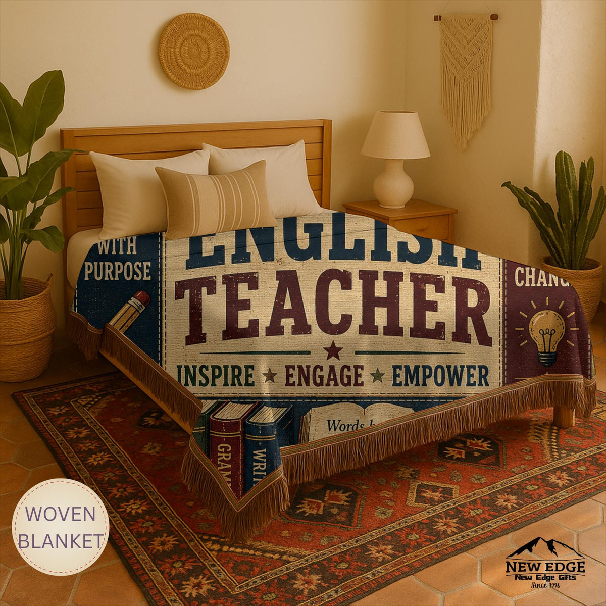 English Teacher Woven Blanket Words Shape Minds Faux Patchwork Teacher Appreciation Gift Classroom Wall Decor Throw