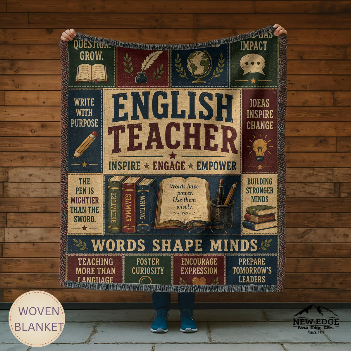 English Teacher Woven Blanket Words Shape Minds Faux Patchwork Teacher Appreciation Gift Classroom Wall Decor Throw