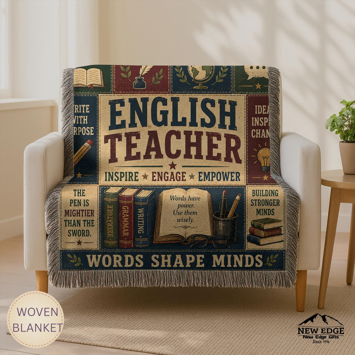 English Teacher Woven Blanket Words Shape Minds Faux Patchwork Teacher Appreciation Gift Classroom Wall Decor Throw