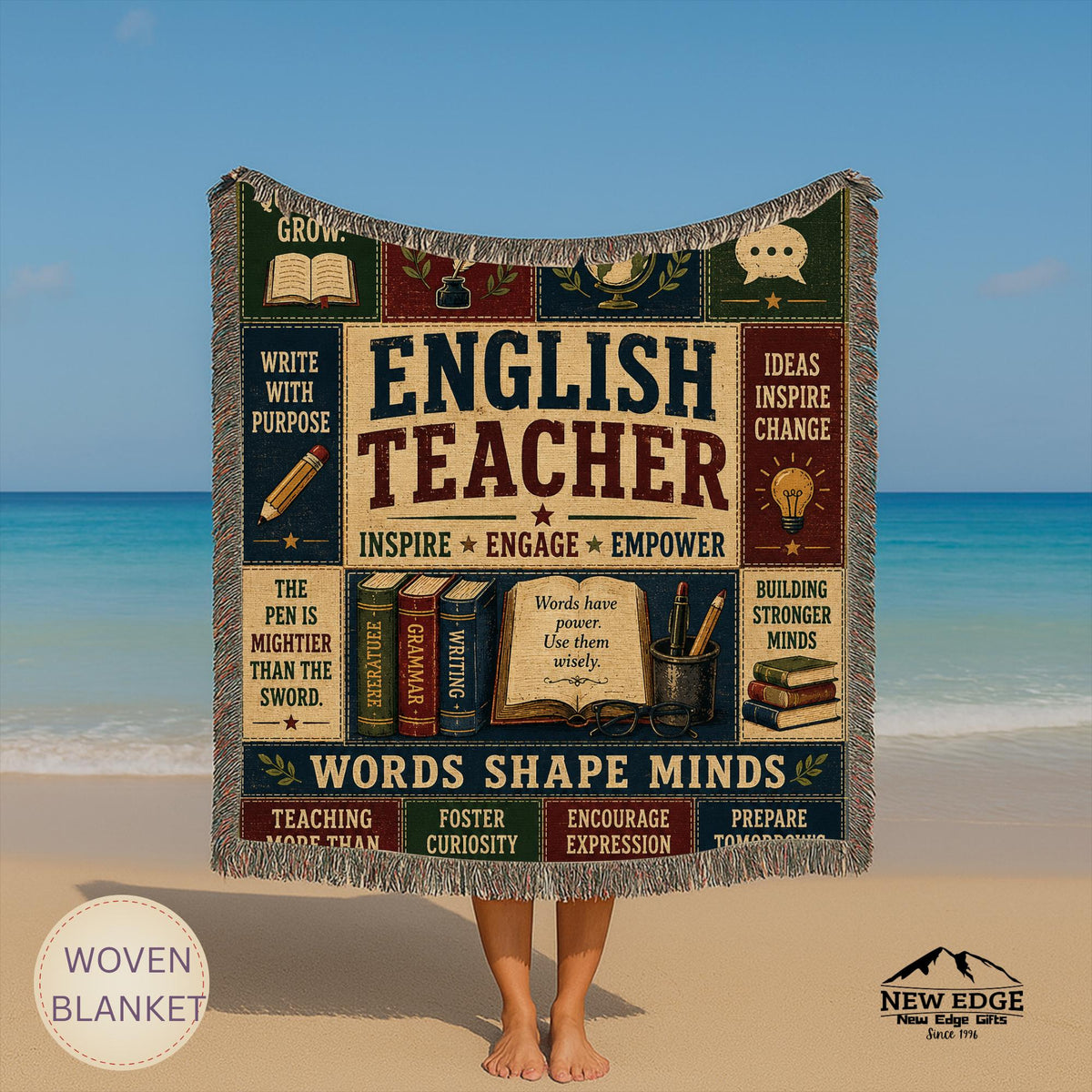 English Teacher Woven Blanket Words Shape Minds Faux Patchwork Teacher Appreciation Gift Classroom Wall Decor Throw