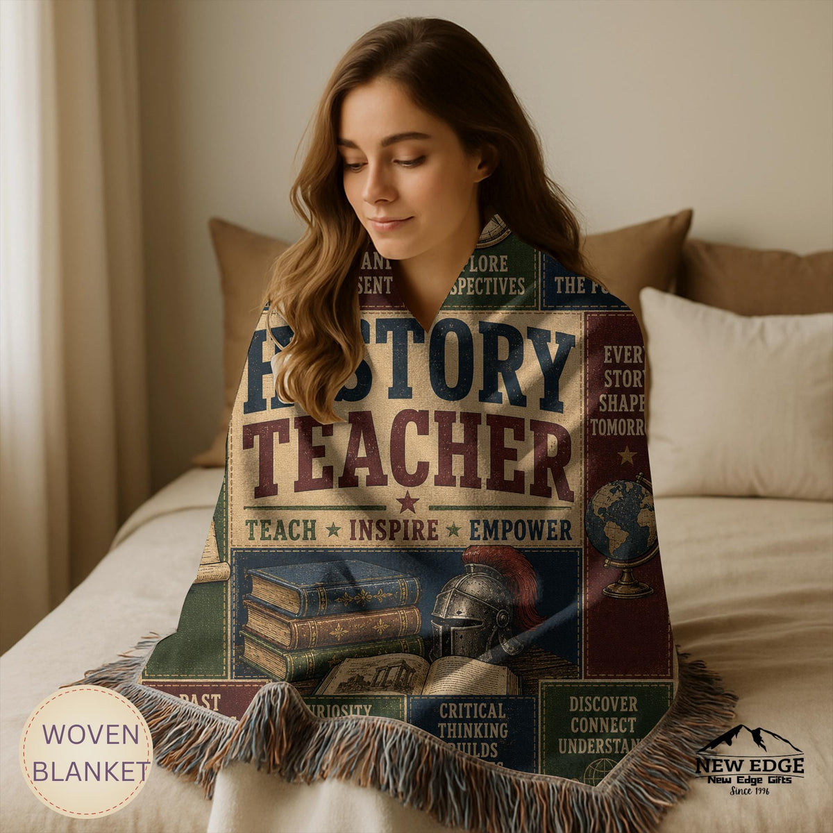 History Teacher Woven Blanket Shaping Minds Building Tomorrow Faux Patchwork Teacher Appreciation Gift Wall Decor Throw