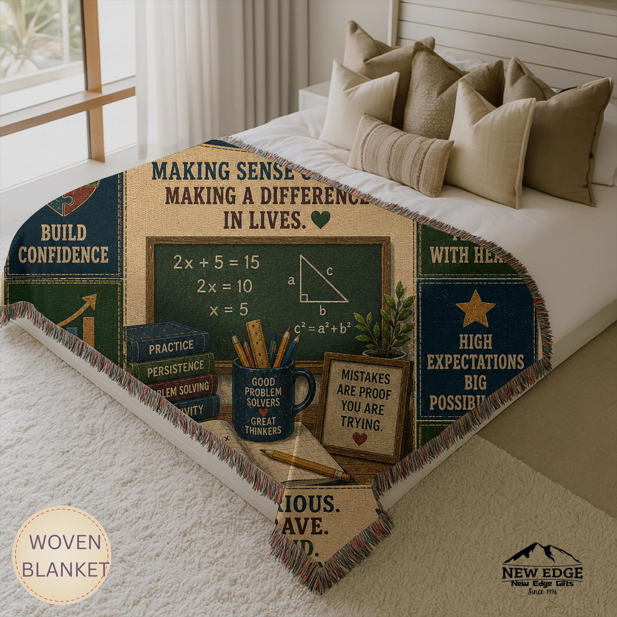 Math Teacher Woven Blanket Making Sense of Math Making a Difference Faux Patchwork Teacher Appreciation Gift Throw
